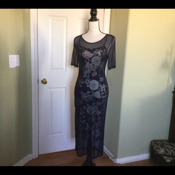 Slip dress. Navy, optional Sleeved Mesh Overlay - Picture 4 of 5